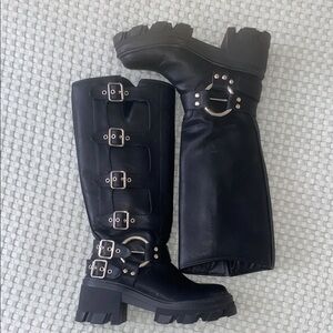 Black Combat Moto Boots with Buckle Details